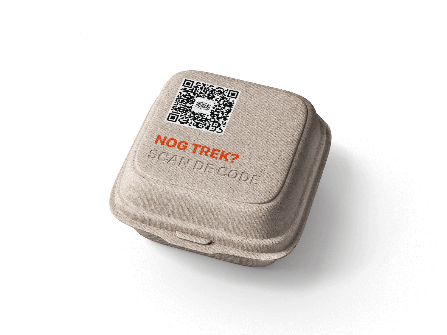 Een hamburger doosje met de Online QR code er bovenop geprint, waardoor gasten de volgende keer sneller kunnen bestellen